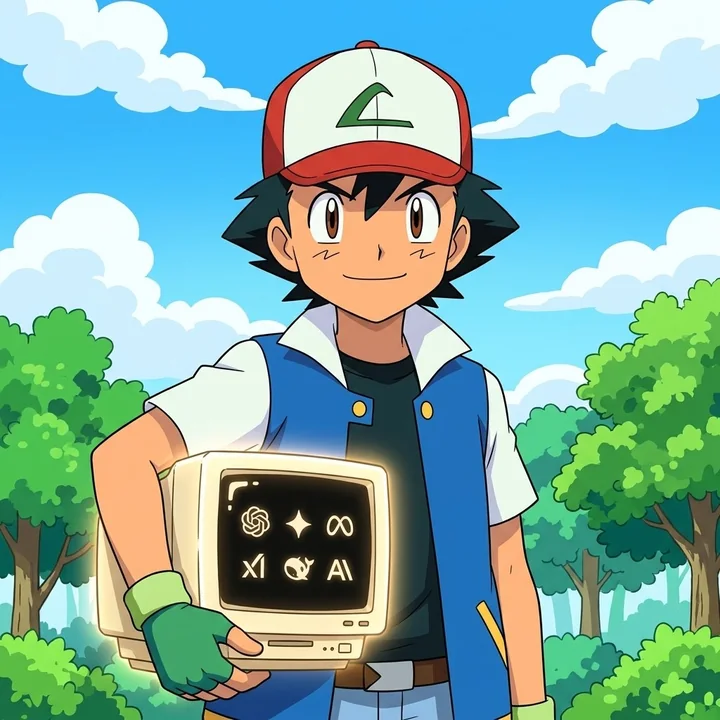 Ash smiling in the forest with a glowing retro computer under his arm