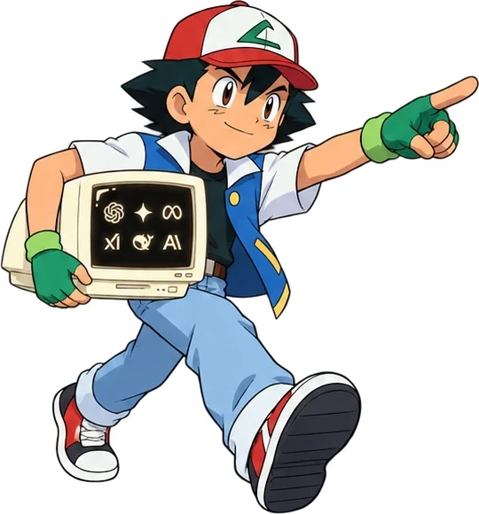 Ash carrying a glowing old computer and pointing ahead